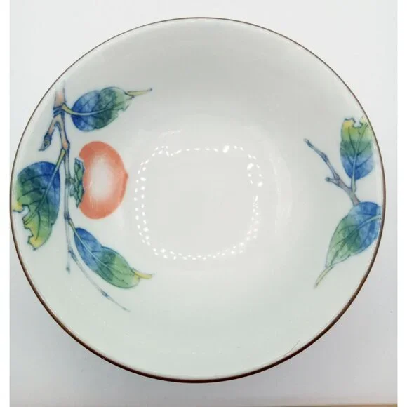 Porcelain Bowl Hand Painted Peach Persimmon Leaf 5.5 Inch Vintage Japanese Mark - Picture 14 of 14